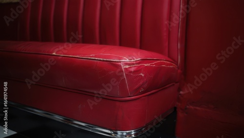 Close up of a red leather booth seat in a vintage restaurant