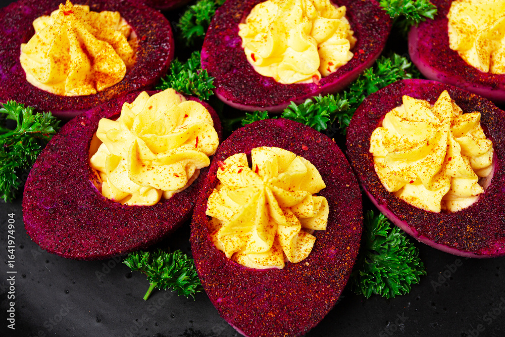 stuffed eggs, stained with beetroot juice, purple, pitaya powder, top view, top view, close-up, no people, stuffed eggs, stained with beetroot juice, purple, pitaya powder, top view, top view, close-up, no people,