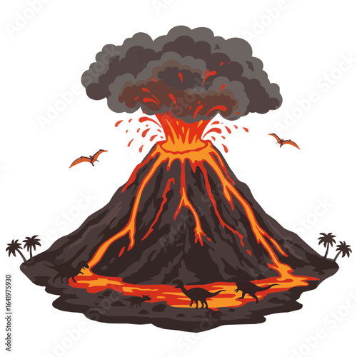 Volcanic eruption with lava flow and dinosaurs in prehistoric landscape illustration art on transparent background
