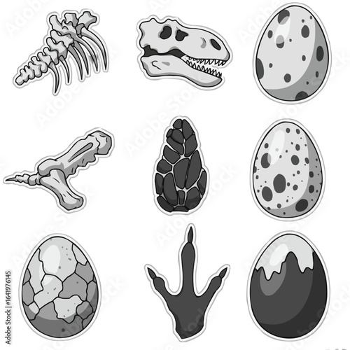Collection of dinosaur fossils including bones skull eggs and footprint in grayscale illustration on transparent background