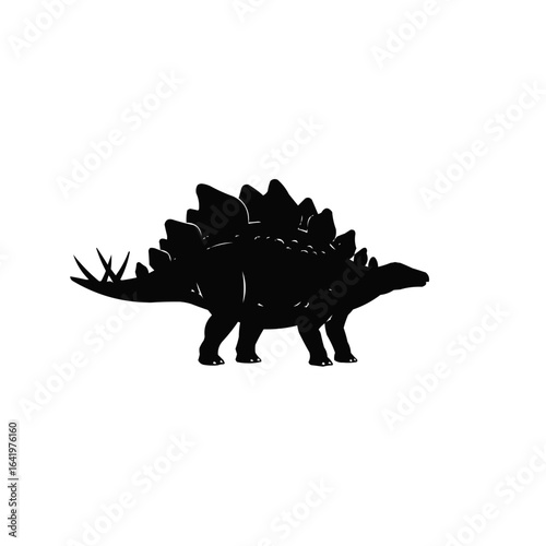 Silhouette of a stegosaurus dinosaur with plates and spikes on its back and tail shown in profile on transparent background