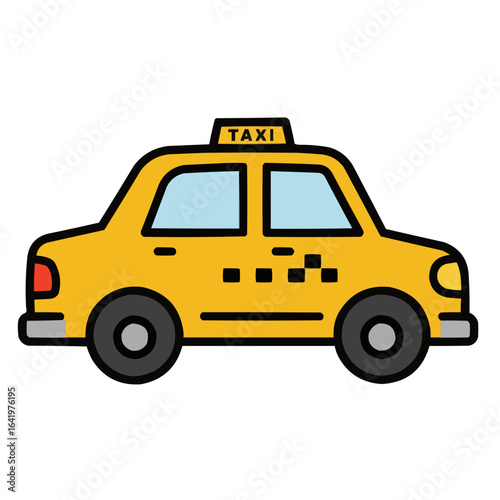 Illustration of a yellow taxi cab with black outline and taxi sign on top against white background on transparent background