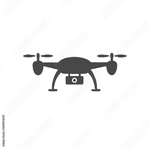 Illustration of a dark gray drone with four propellers and a camera underneath its body design on transparent background