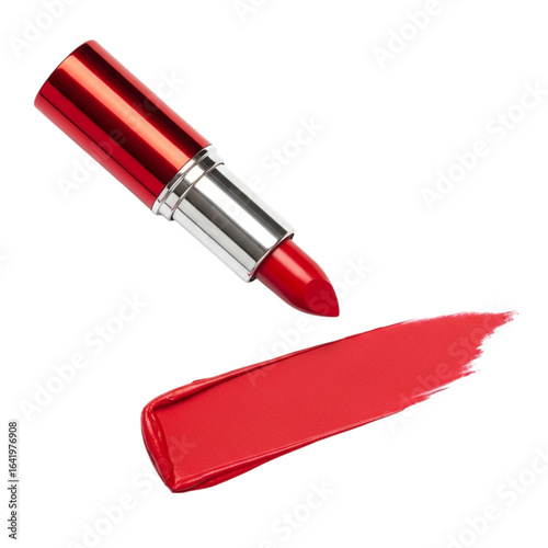 Red lipstick with a swatch of vibrant red lipstick isolated on transparent background