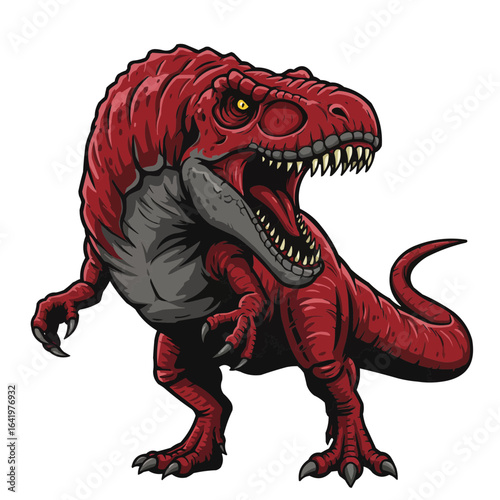 Illustration of a red tyrannosaurus rex with an open mouth and sharp teeth standing upright menacingly on transparent background