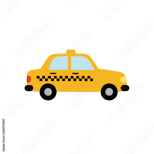 A cartoon yellow taxi cab with checkered stripe and black wheels on a white background is shown here on transparent background