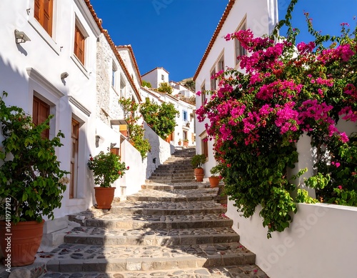 Fototapeta Naklejka Na Ścianę i Meble -  Whitewashed streets, flowering bougainvillea