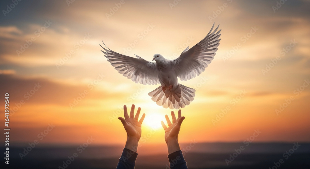 Fototapeta premium White dove flying from open hands against sunset sky bird freedom