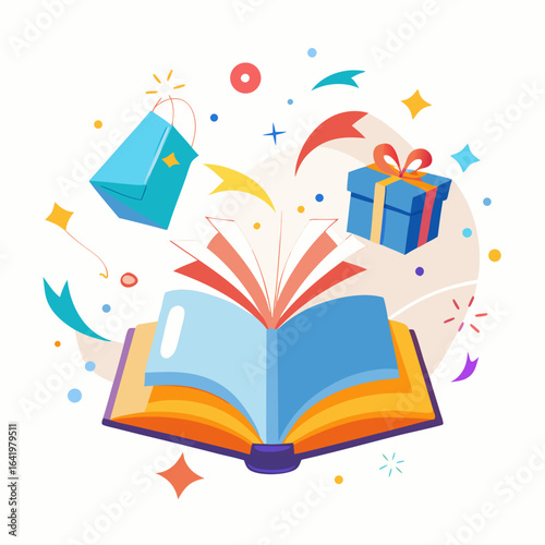 Open Book with Glowing Pages and Gift Boxes Vector Illustration on White Background

