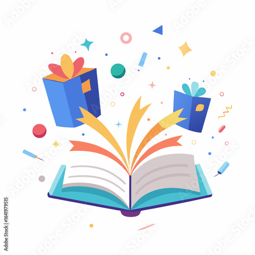 Open Book with Glowing Pages and Gift Boxes Vector Illustration on White Background

