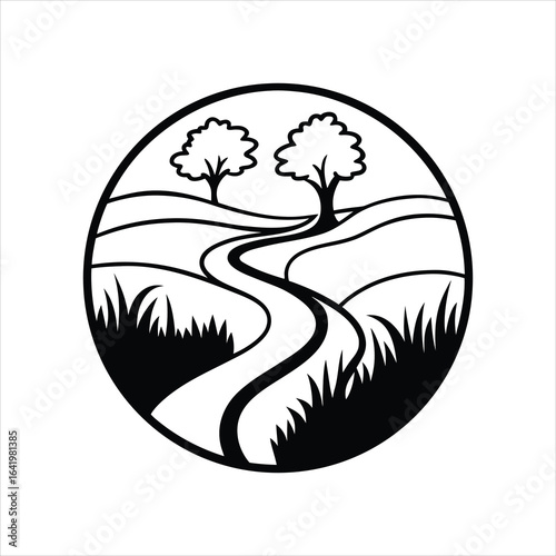 Minimal Landscape with River and Grass Silhouette Vector