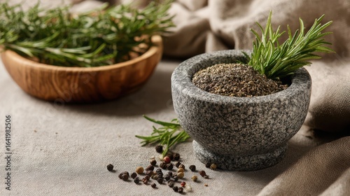 Fresh rosemary and mixed spices in stone mortar on linen fabric—natural herbs, culinary seasoning, organic cooking ingredients for healthy food and gourmet kitchen inspiration
