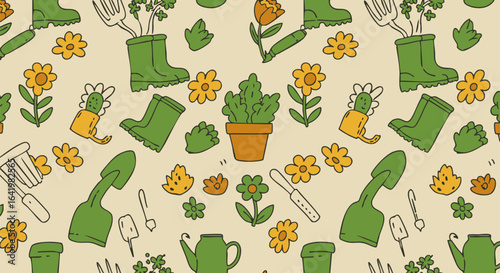 Seamless Pattern of Gardening Tools and Plants