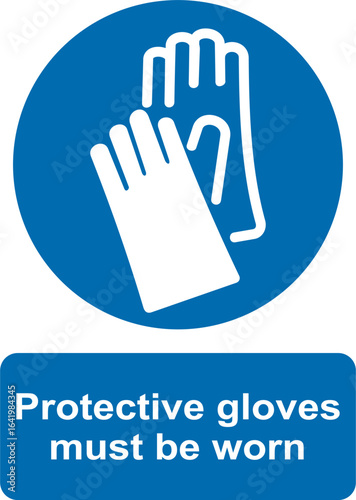 Blue and white circular vector graphic of Protective gloves must be worn, mandatory warning sign