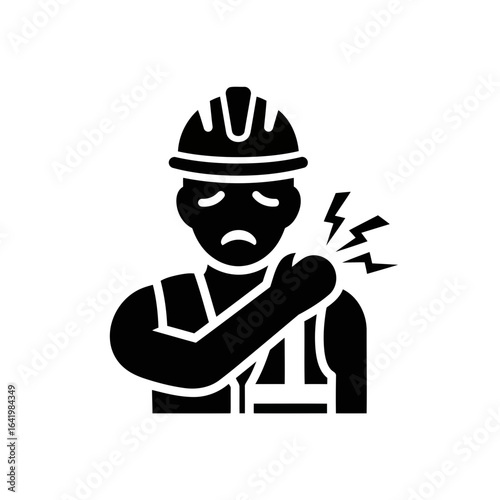 Black icon of a construction worker with a hard hat experiencing shoulder pain, isolated on white background vector icon