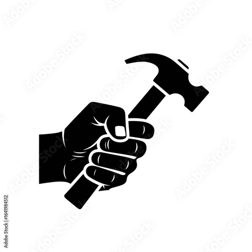 A black silhouette of a hand firmly gripping a hammer, ready for construction or repair work, isolated on white background vector icon