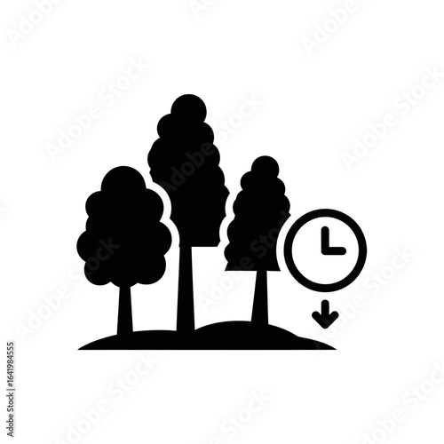 Silhouette of trees with a clock icon and a downward arrow, symbolizing time passing or the decline of nature, isolated on white background vector icon
