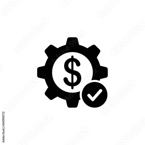 Financial process icon with a dollar sign inside a gear and a check mark, representing approved business transactions, isolated on white background vector icon