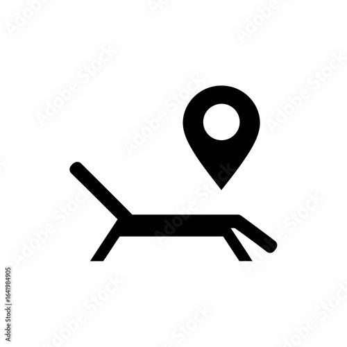 Sun lounger with a location pin icon, representing travel and destination, isolated on white background vector icon