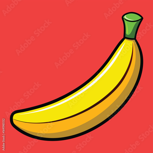 A vibrant yellow ripe banana, peeled and unpeeled, is shown in a tropical vector illustration isolated on a white background