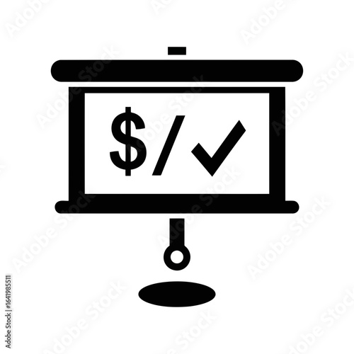 Black icon of a presentation screen displaying a dollar sign and a checkmark, symbolizing financial success and approval, isolated on white background vector icon