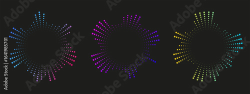 Neon radial equalizer pattern with circular sound waves. Abstract music visualization element for audio, radio, or target-style designs. Vector graphic.