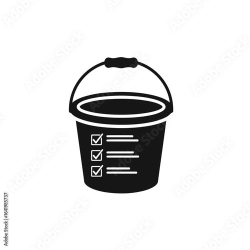 Black and white icon of a bucket with a checklist, symbolizing tasks, goals, and completion, isolated on white background vector icon