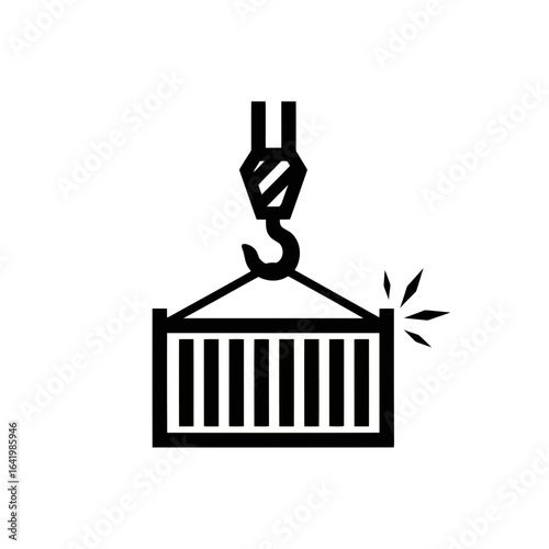 Shipping container being lifted by a crane hook, symbolizing logistics and global trade, isolated on white background vector icon