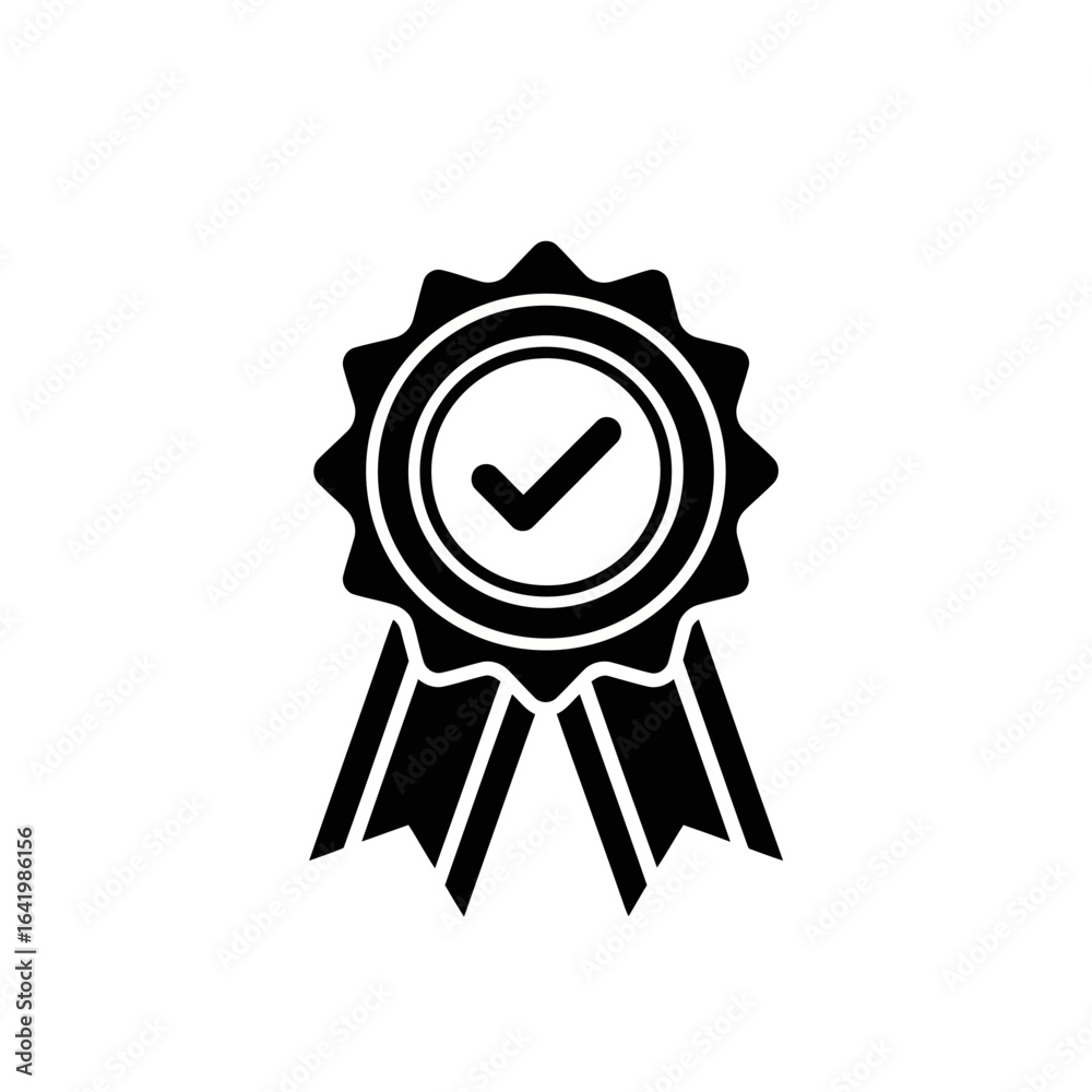 A black and white icon of a rosette or award ribbon with a checkmark inside a circle, isolated on white background vector icon A black and white icon of a rosette or award ribbon with a checkmark inside a circle, isolated on white background vector icon