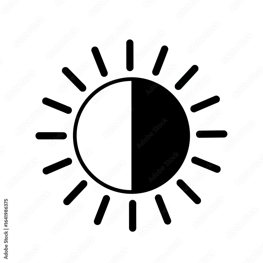 Black icon of the sun, half bright and half dark, with rays emanating outwards, isolated on white background vector icon