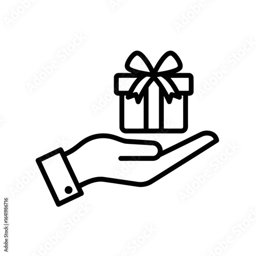 Hand offering a gift box with a ribbon and bow, symbolizing giving and receiving presents, isolated on a white background vector icon