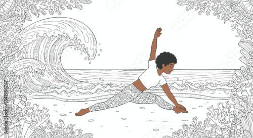 Detailed Line Art Illustration of a Woman Practicing Yoga on a Beach, Featuring Ocean Waves and Tropical Foliage. Ideal for Mindful Coloring Books and Wellness Themes.