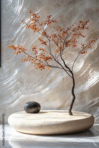 Autumnal Bonsai Arrangement on a Stone Vessel Podium Products Presentation