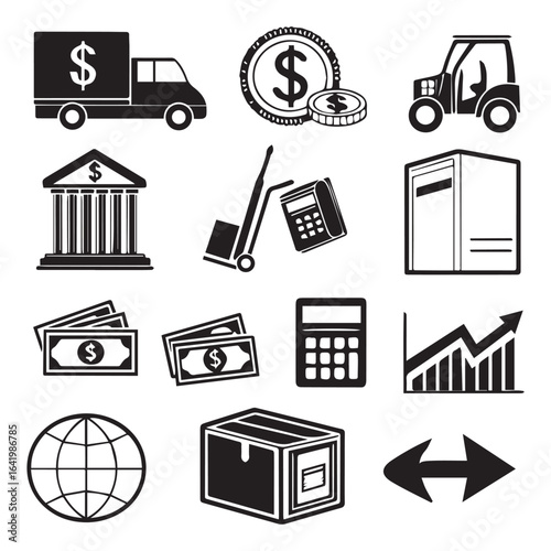 Collection of icons representing business finance logistics shipping and global commerce transactions and growth