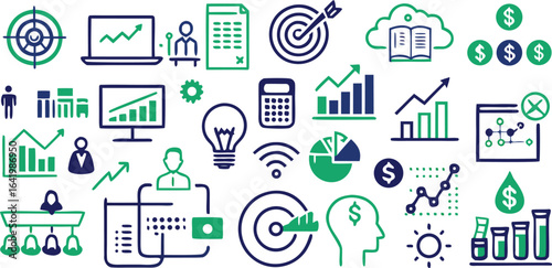 Business and finance icons with charts and graphs money