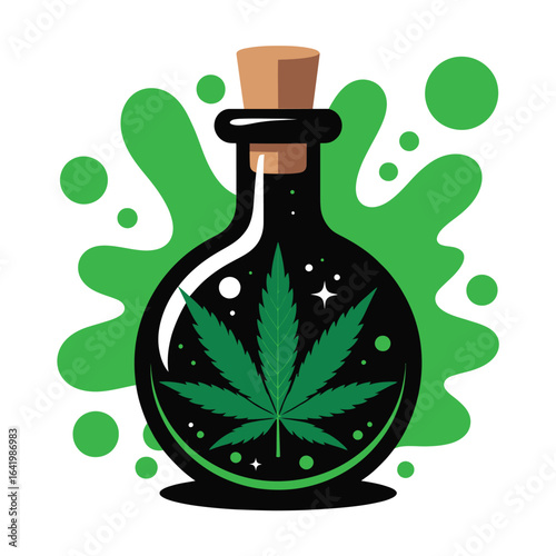 Cannabis potion in a black bottle with green splatter