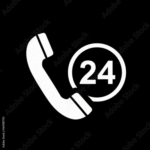 White telephone handset with a circle containing the number 24, symbolizing 24hour service and support, isolated on a black background vector icon