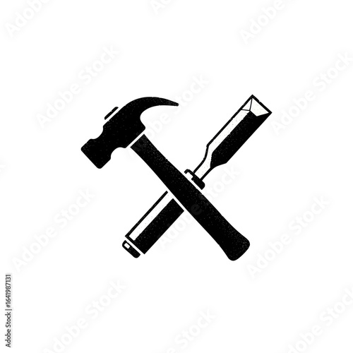 Hammer and chisel crossed, symbolizing woodworking and craftsmanship, isolated on white background vector icon