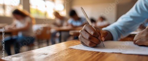 The student writing on paper in a focused classroom environment.