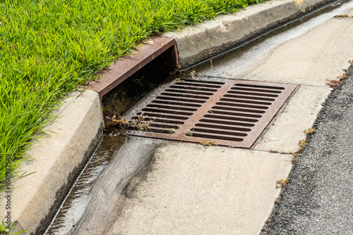 Close up of Rusty Storm Sewer Grate installed in Curb on a Street