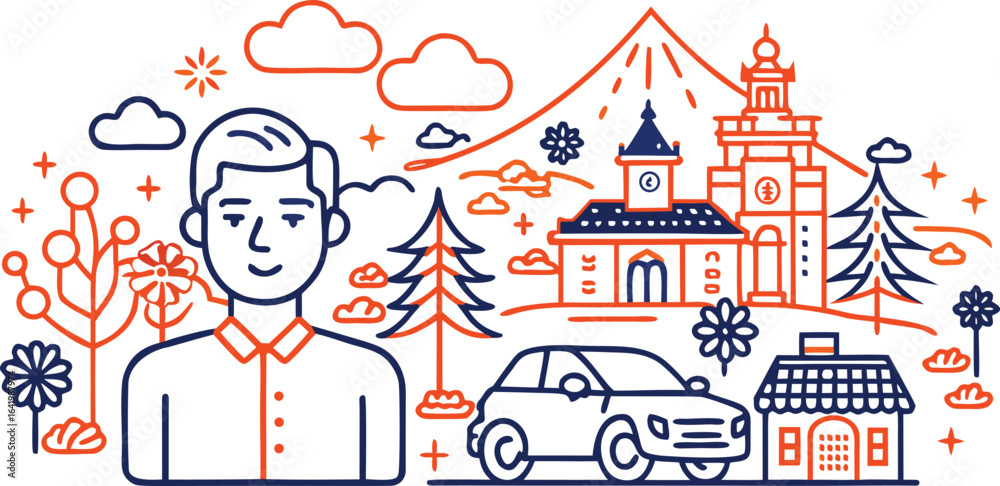 Fototapeta premium Man with Car and Buildings in Stylized Landscape male