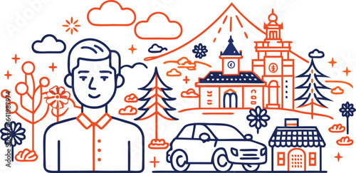 Man with Car and Buildings in Stylized Landscape male