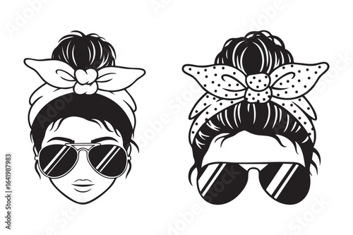 Messy Bun Bandana Woman with Sunglasses Vector Silhouette Set