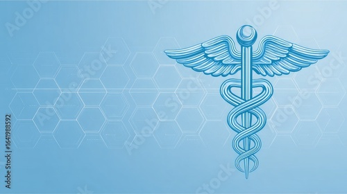 Light blue medical symbol on a light blue background with a hexagonal pattern.