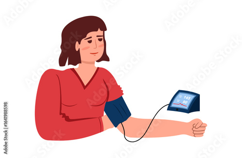 Red cartoon shows woman checking blood pressure, 145 over 90. Healthcare, branding, and social media.