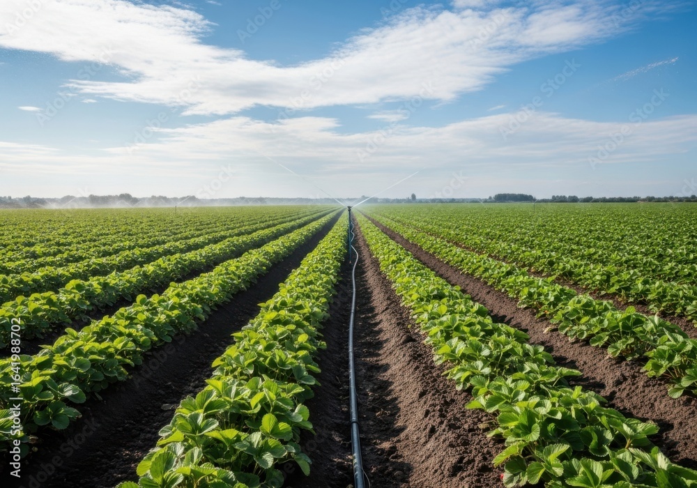 Vast green field with rows of crops under a blue sky Vast green field with rows of crops under a blue sky