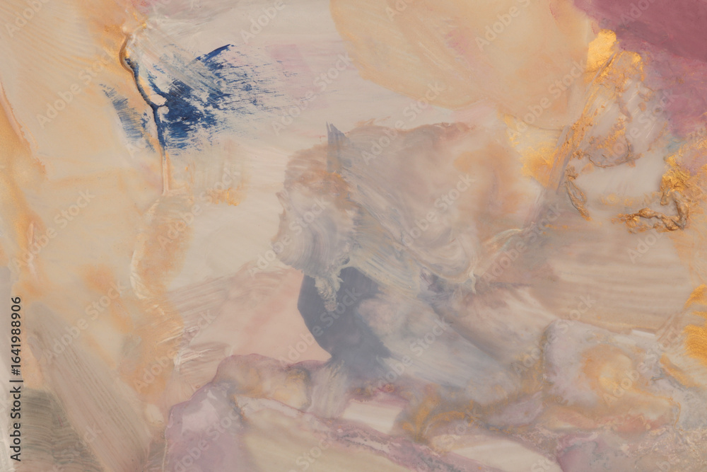Naklejka premium Art Watercolor, Acrylic brush stroke smear blot flow painting wall. Abstract texture gold, beige, pastel color stain background.