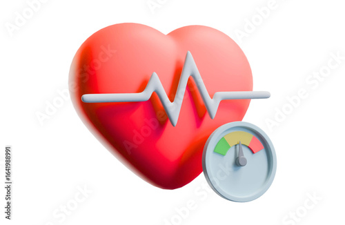 Red heart shows erratic pulse. Meter gauge. Conceptual 3D renders health risk: high/low blood pressure. For medical visuals, product, branding, social media, video backdrop.