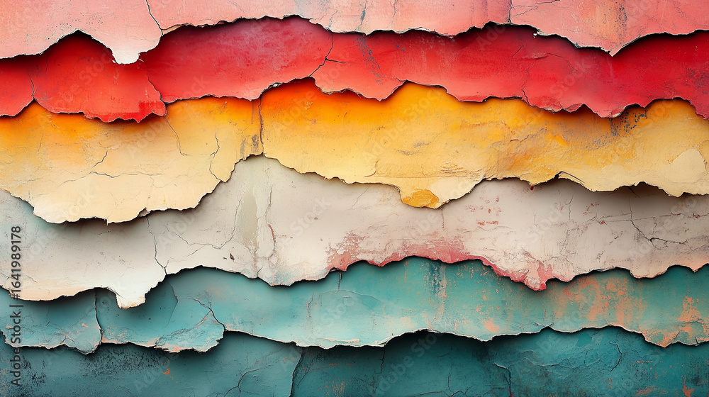 Obraz premium Layers of peeling paint in vibrant colors create a textured wall display in an urban setting at midday
