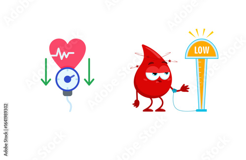 Health cartoon shows low blood pressure and possible chest pain. For health care, educational material, and medical design.